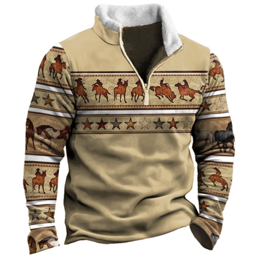 

Men's Western Cowboy Print Colorblock Stand Collar Sweatshirt