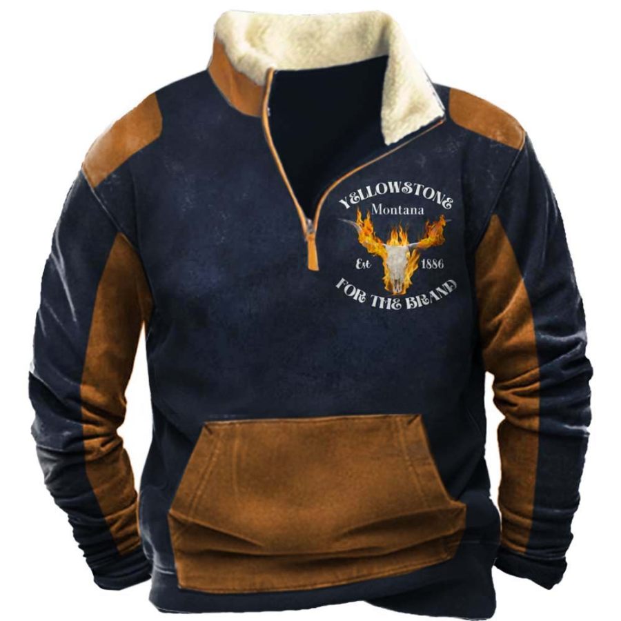 

Men's Vintage Western Yellowstone Colorblock Zipper Stand Collar Sweatshirt