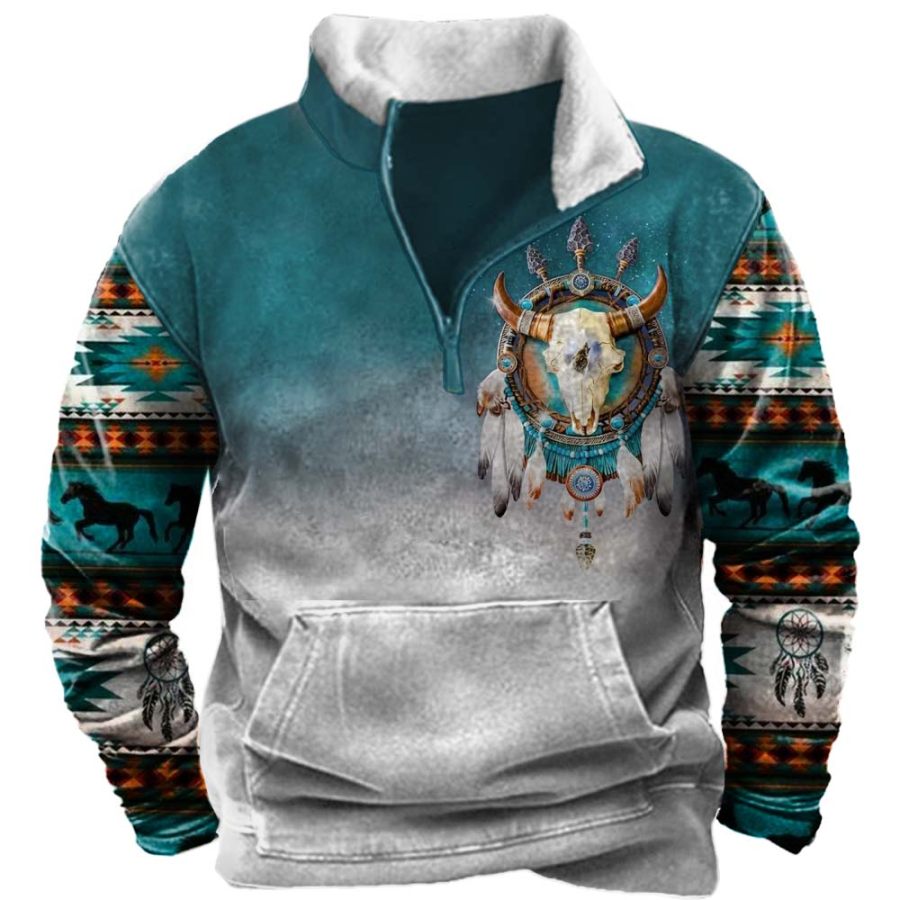 

Men's Vintage Western Colorblock Zipper Stand Collar Sweatshirt