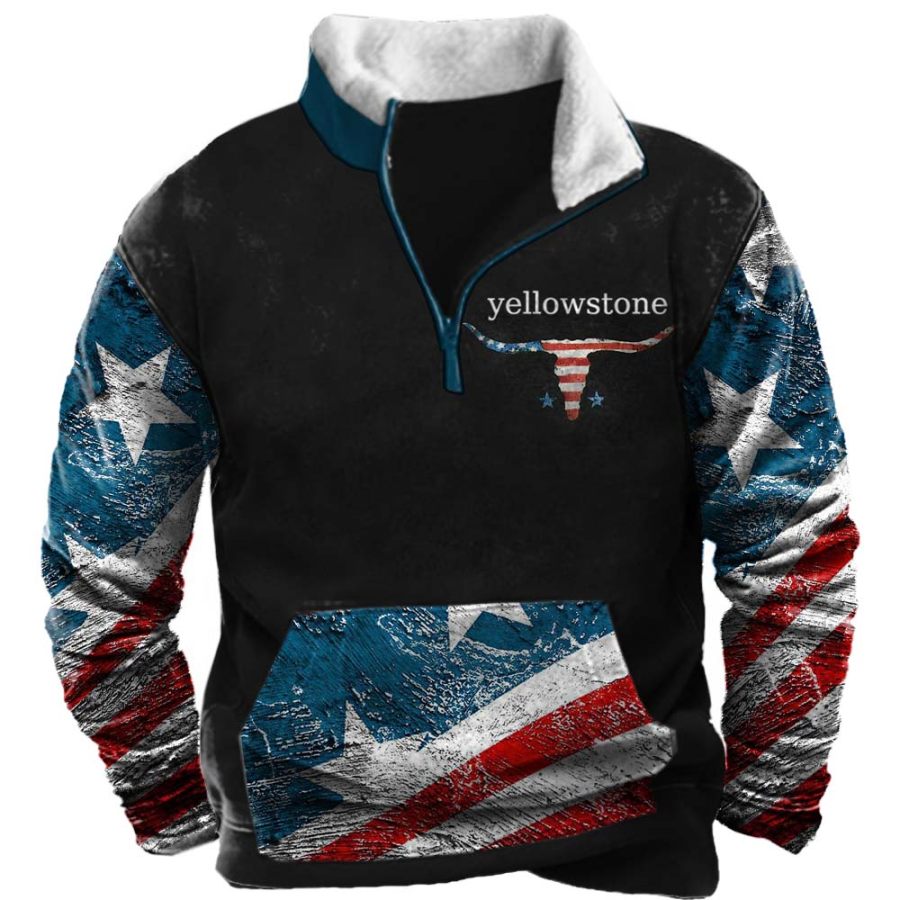 

Men's Vintage America Western Yellowstone Cowboy Colorblock Zipper Stand Collar Sweatshirt