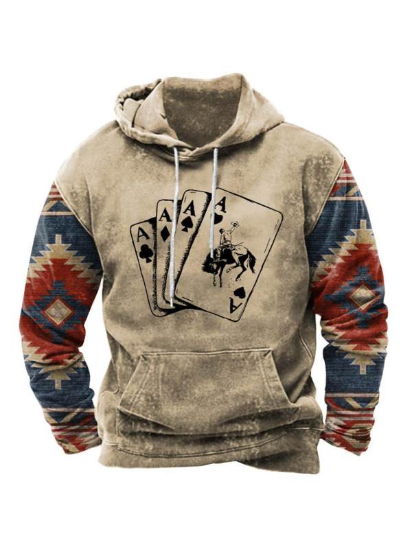 Men's Vintage Ethnic Cowboy Playing Cards Western Print Hoodie