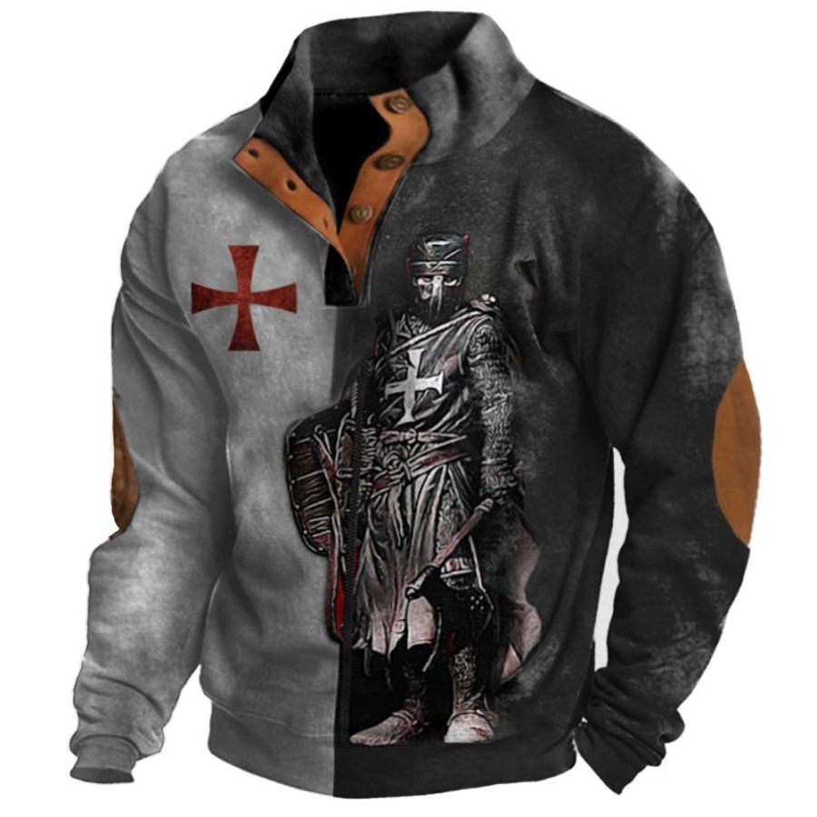 

Men's Vintage Templar Cross Print Tactical Stand Collar Sweater