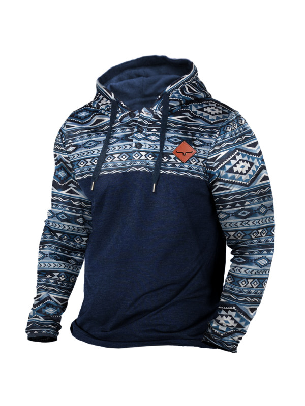 Men's Outdoor Vintage Western Print Block Hoodie