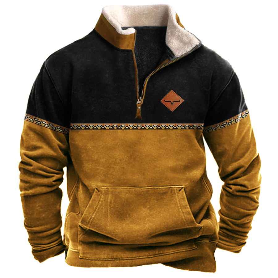 Men's Outdoor Retro Contrast Chic Color Warm Stand Collar Zipper Sweatshirt