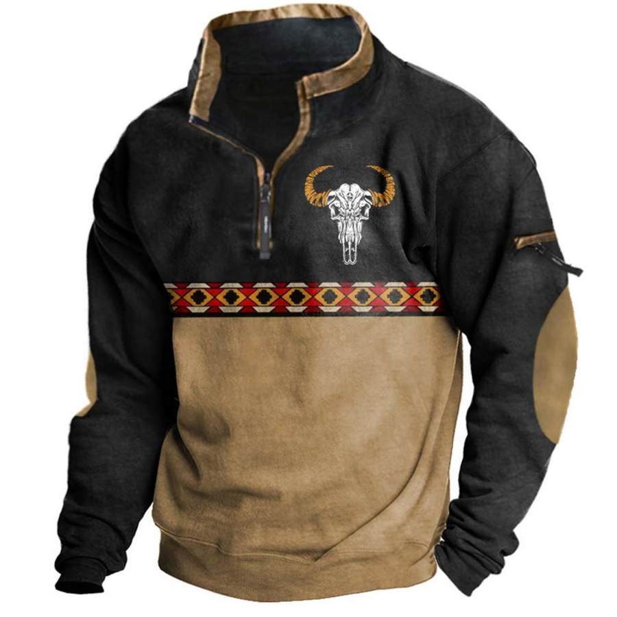 

Men's Vintage Ethnic Bull Skull Quarter Zip Sweatshirt