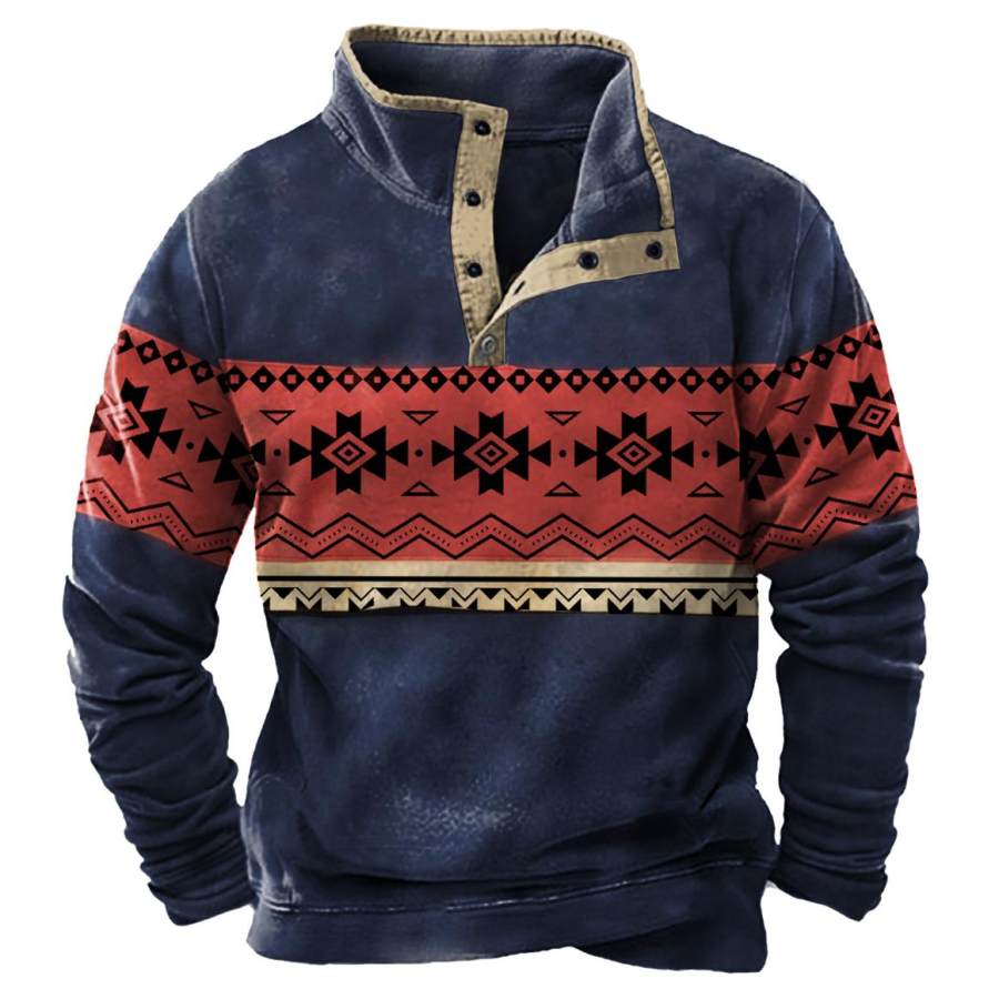 

Men's Vintage Ethnic Aztec Print Snap Sweatshirt