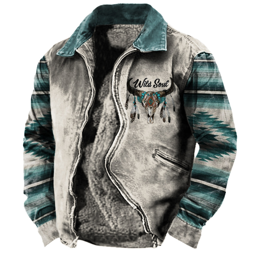 

Men's Vintage Western Region Printed Fleece Warm Jacket