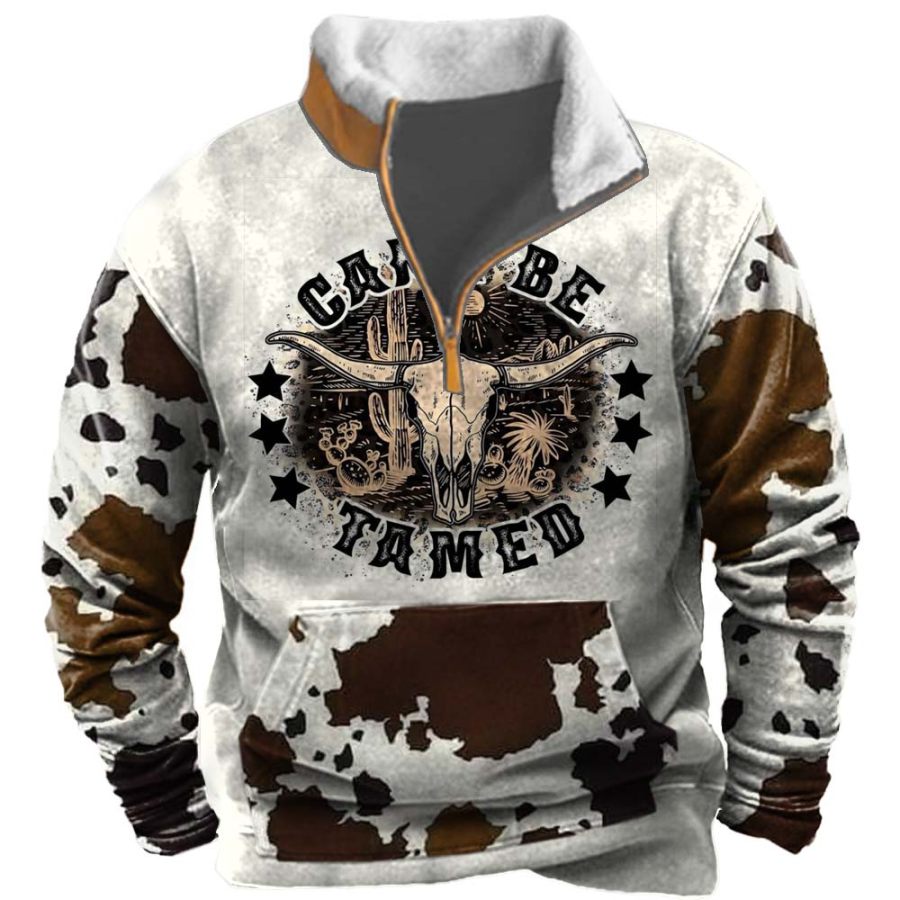 

Men's Western Cowboy Print Stand Collar Pocket Sweatshirt