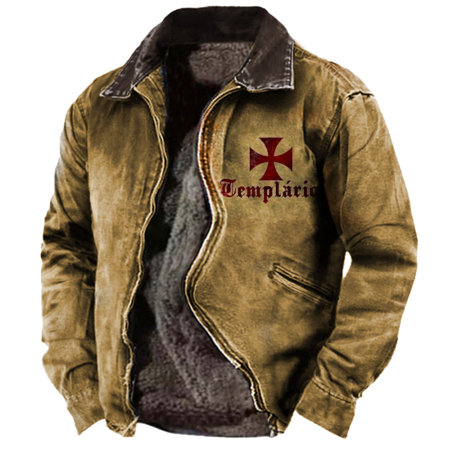

Men's Vintage Templar Cross Printed Fleece Warm Jacket