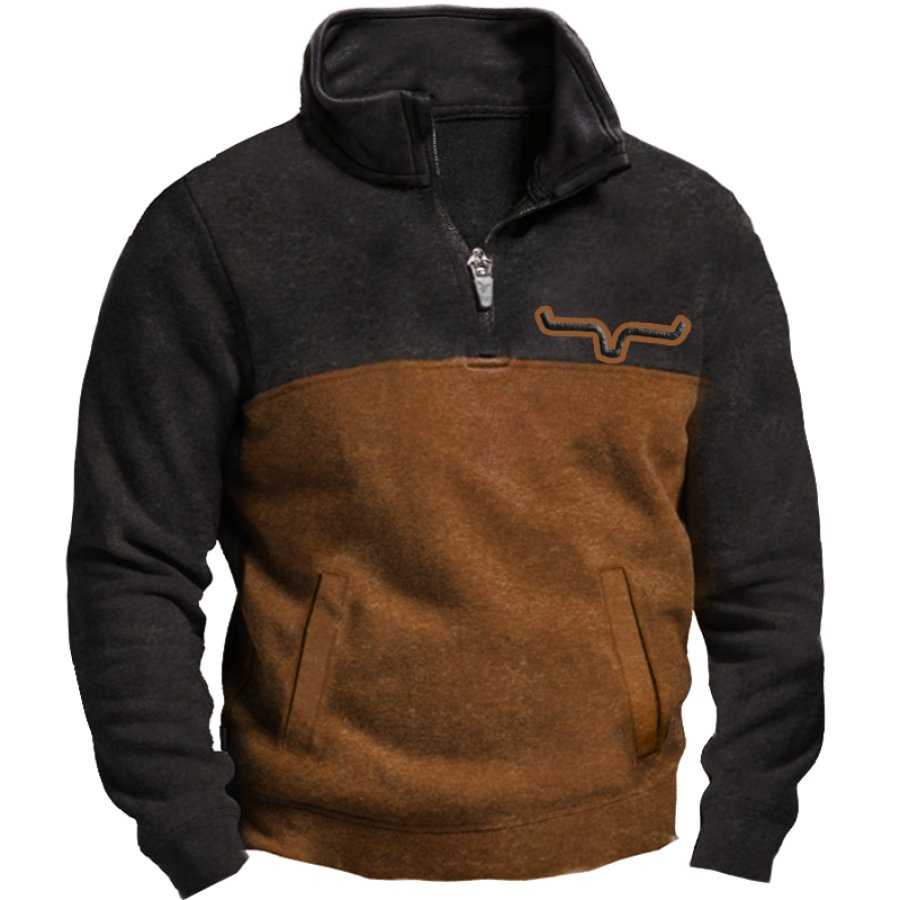 

Outdoor Cowboys Retro Colorblock Zip Sudadera Con Cuello Simulado Para Hombre