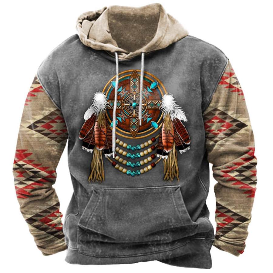 

Men's Vintage Ethnic Aztec Feather Print Hoodie