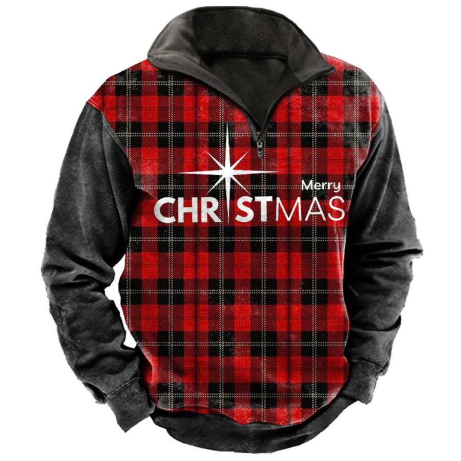 

Men's Merry Christmas Plaid Print Quarter Zip Sweatshirt