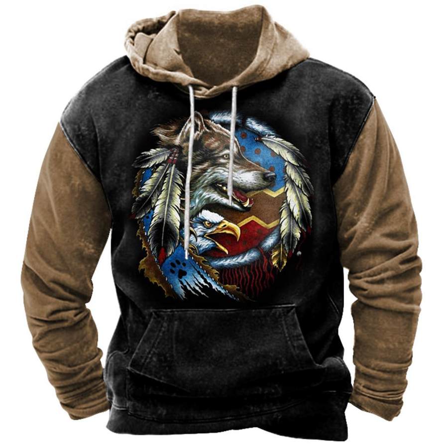 

Men's Vintage Ethnic Wolf Eagle Print Hoodie