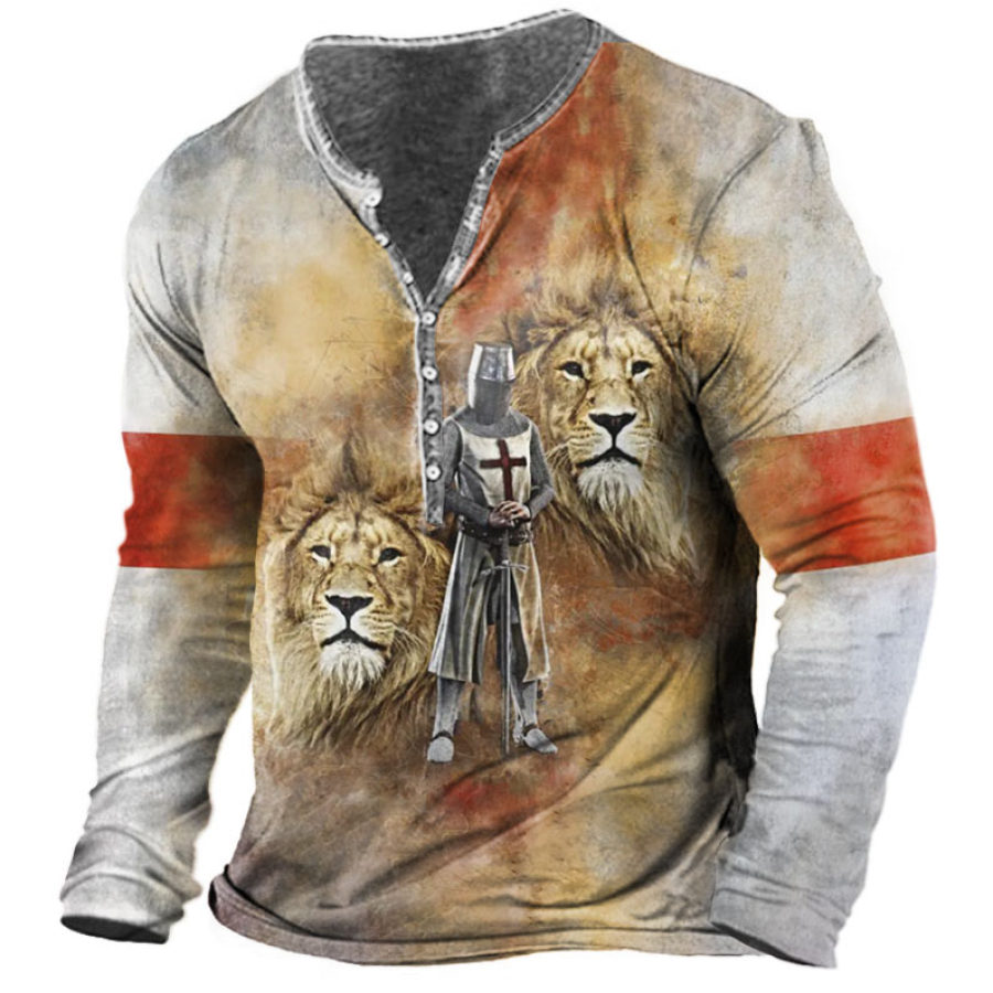

Men's Vintage Knights Templar Lion Henley Long Sleeve Top