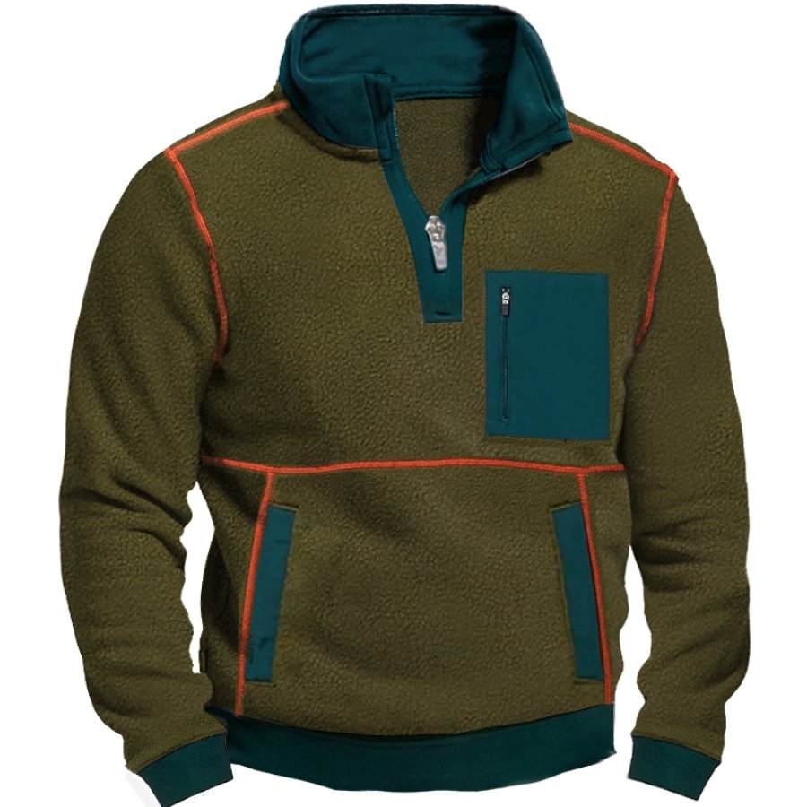 

Men's Vintage Fleece Colorblock Pocket Zipper Mock Neck Sweatshirt