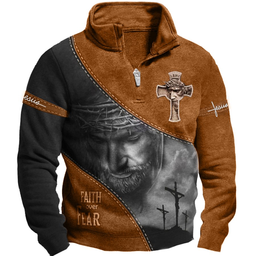 

Men's Cross Faith Colorblock Print Zipper Mock Neck Sweatshirt