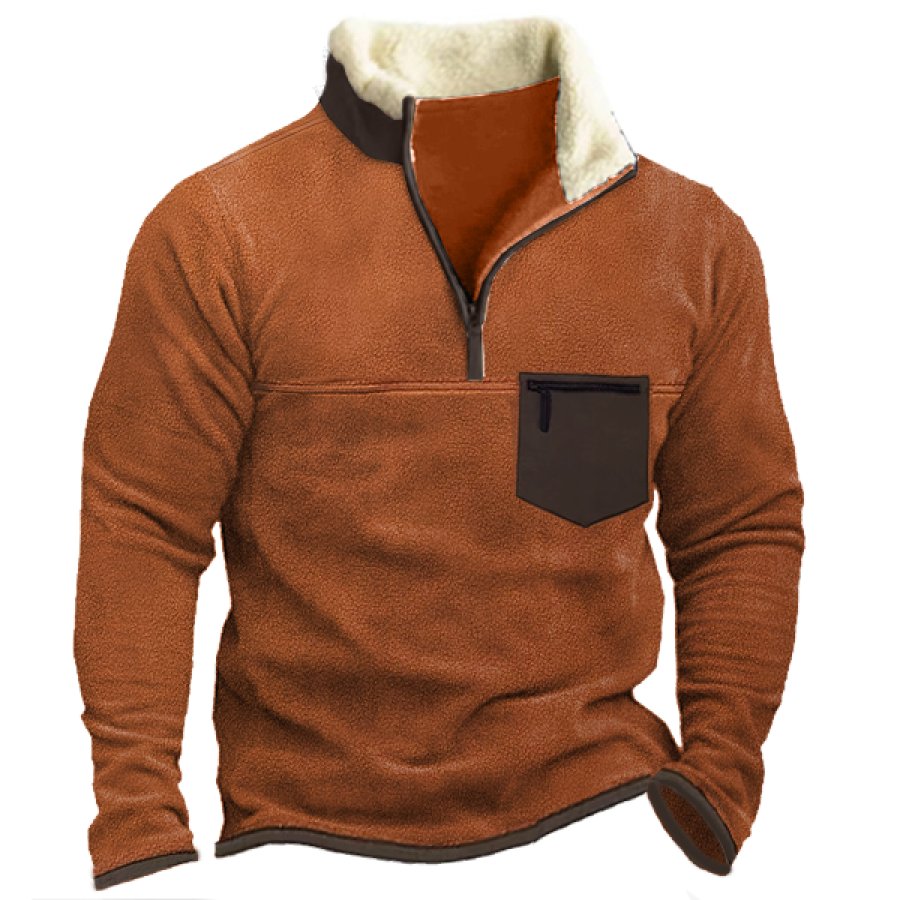 

Men's Retro Fleece Zipper Pocket Color Block Mock Neck Sweater