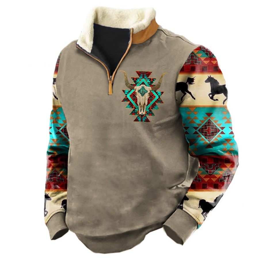 

Men's Vintage Ethnic Western Cow Skull Quarter Zip Sweatshirt