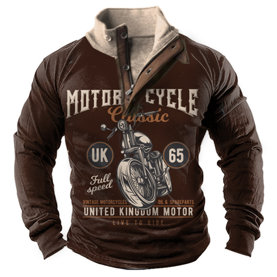 

Men Classic Motorcycle Print Henley Stand Collar Tee
