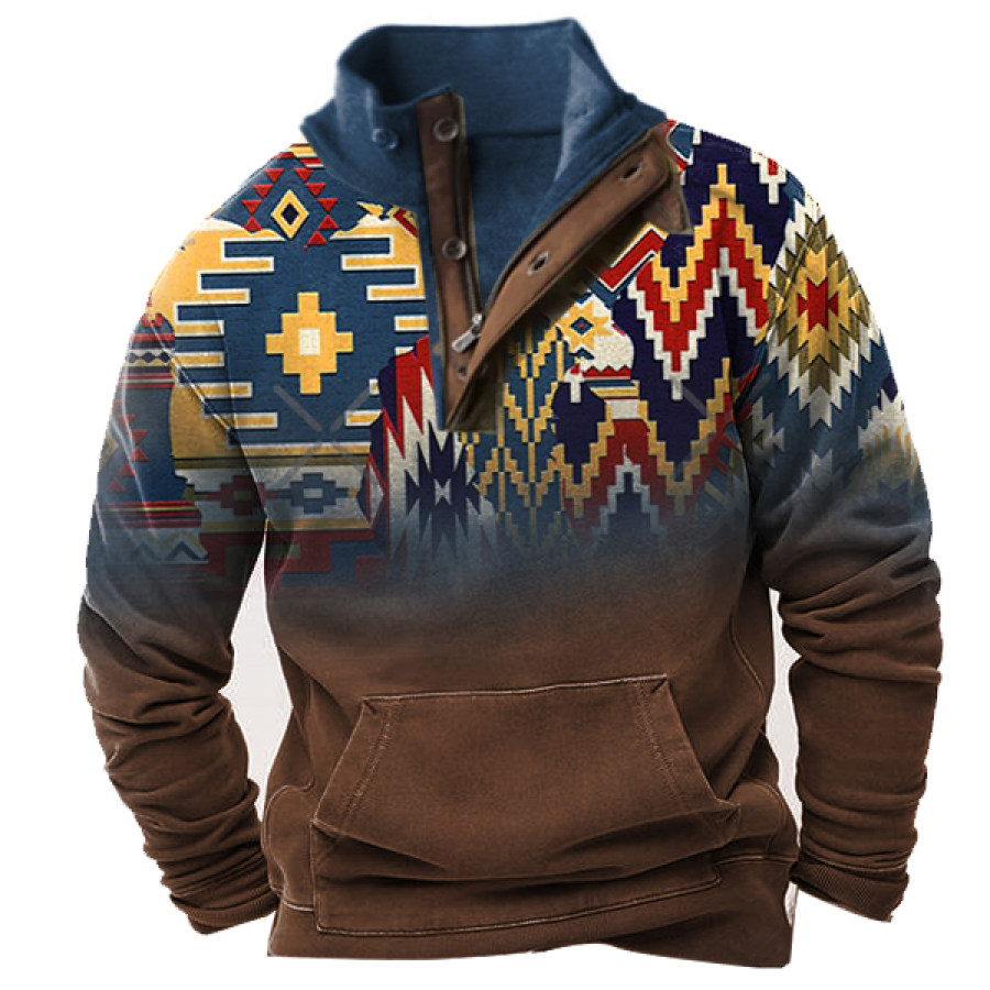 

Men's Vintage Ethnic Print Henley Stand Collar Sweatshirt