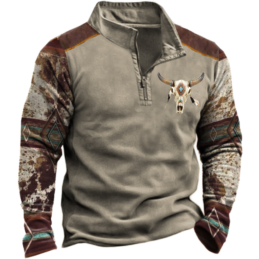 

Men's Vintage Ethnic Print Stand Collar Sweatshirt