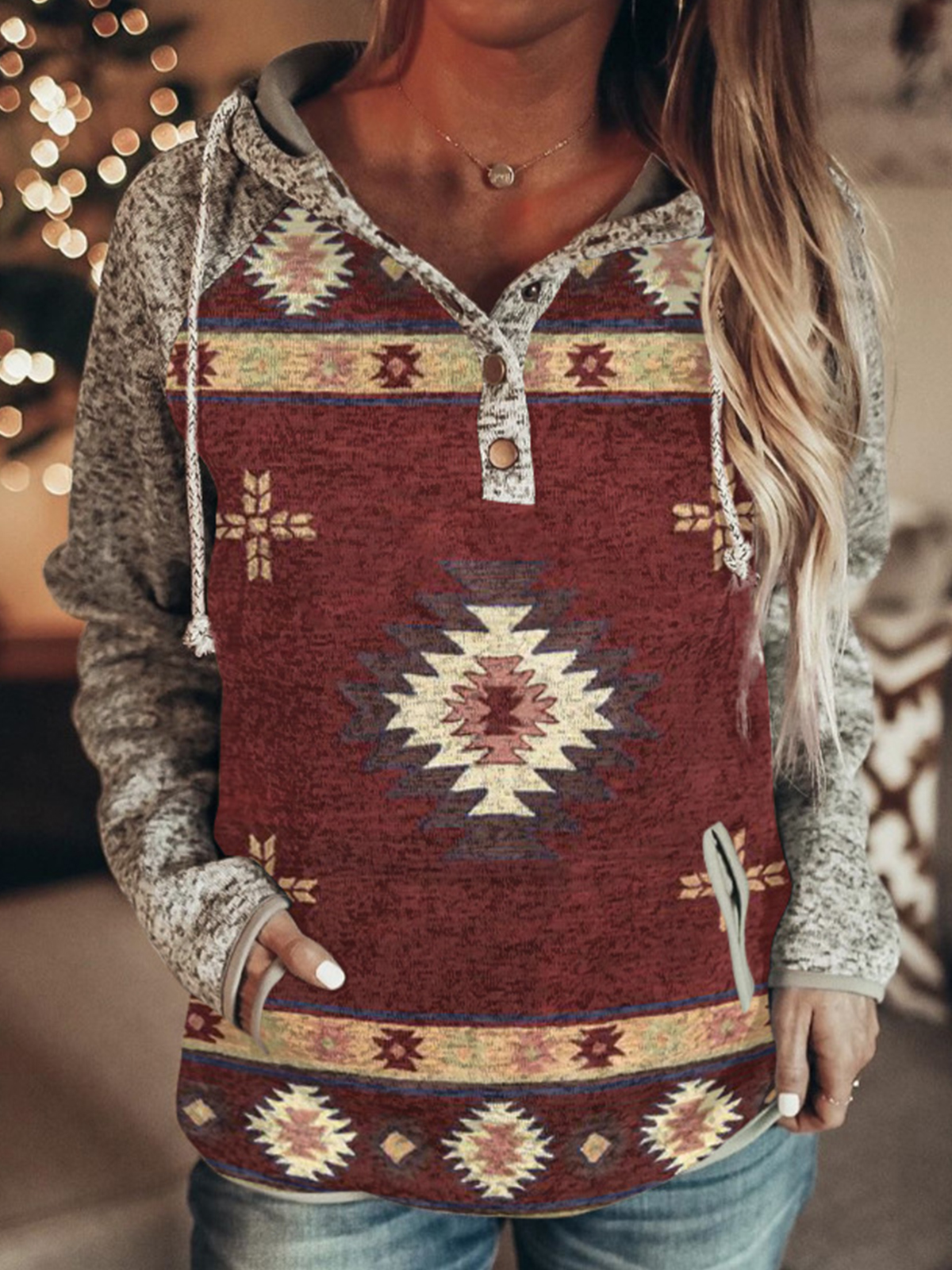 Women's Ethnic Print Hooded Chic Sweater