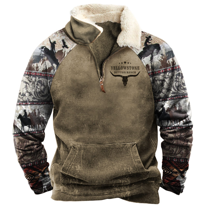 Men's Vintage Yellowstone Western Chic Cowboy Zipper Fleece Neck Sweatshirt