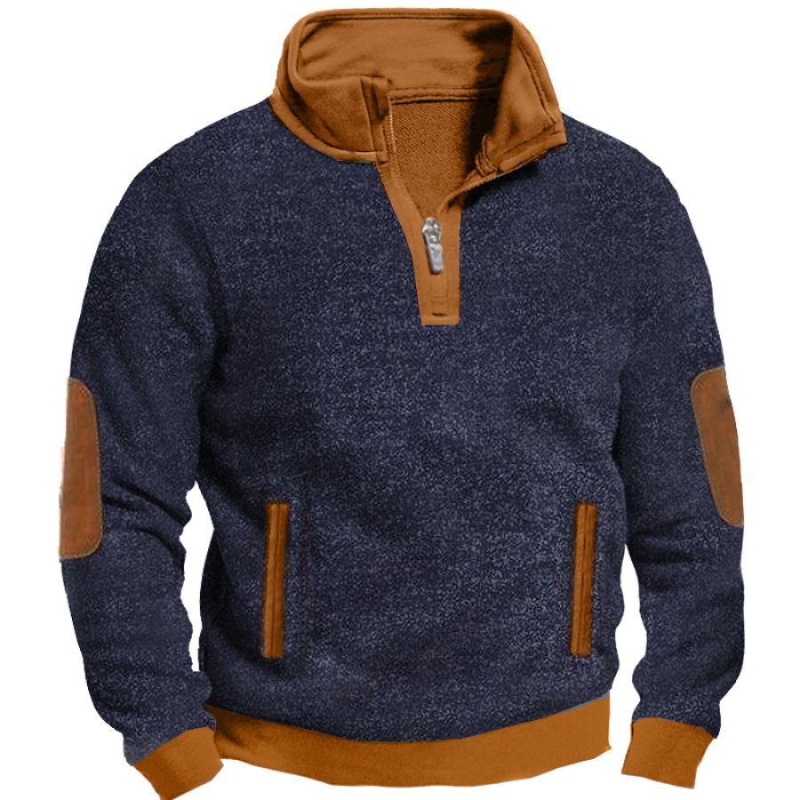 

Men's Retro Colorblock Pocket Zip Mock Neck Sweatshirt
