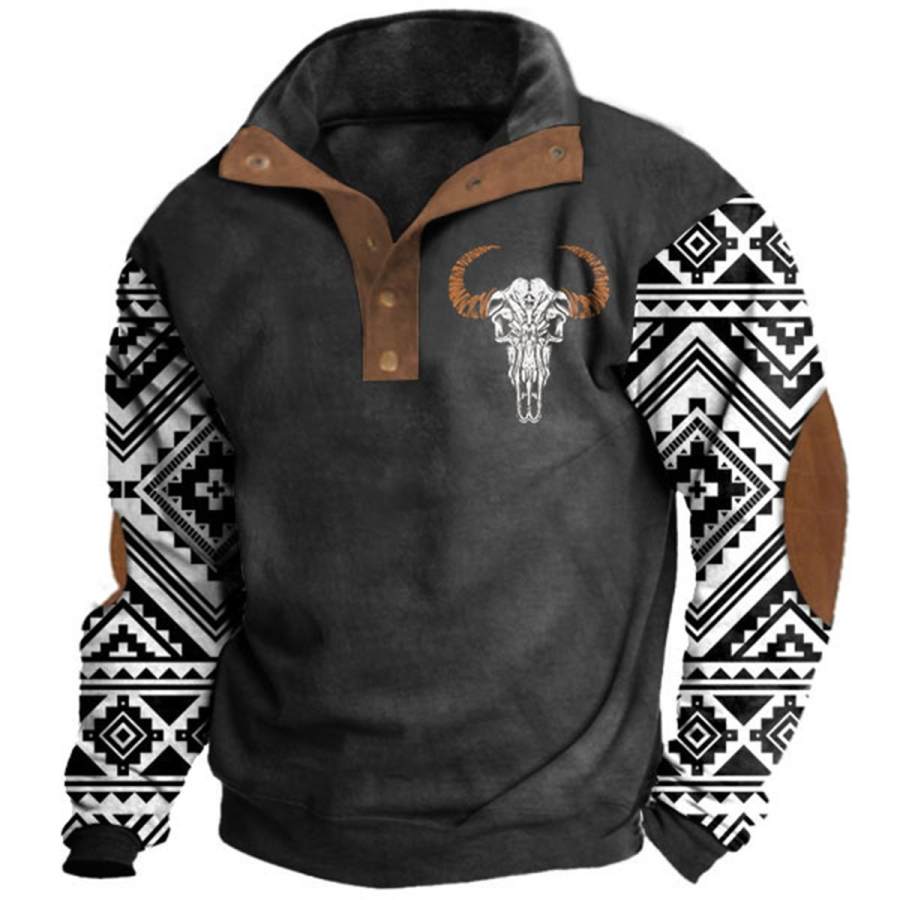 

Men's Western Ethnic Bull Skull Cowboy Snap Sweatshirt