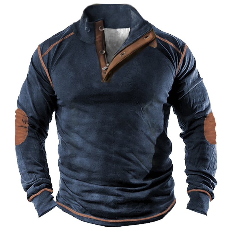 Men's Vintage Contrasting Thick Chic Henley Tactical T-shirt