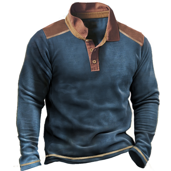 Men's Retro Contrast Color Chic Long Sleeve Polo Shirt