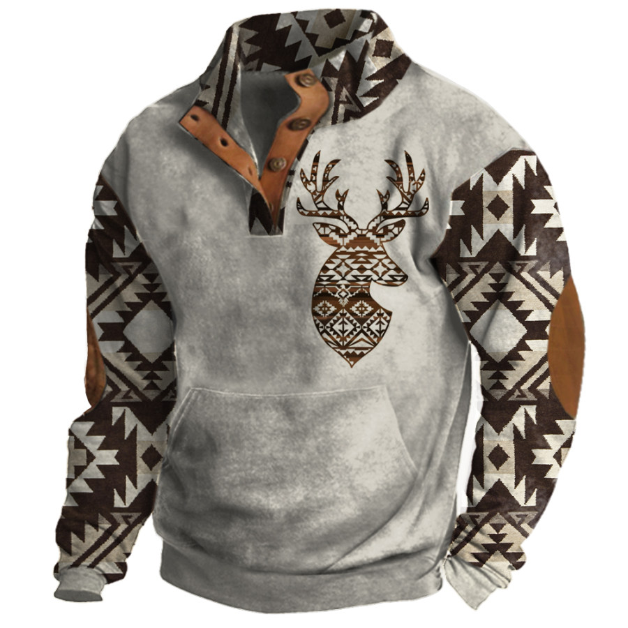 

Men's Western Ethnic Print Button Stand Collar Sweatshirt