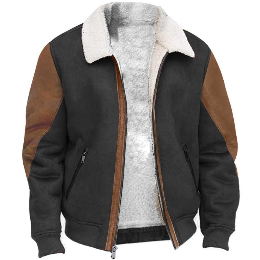 

Men's Vintage Fleece Colorblock Zipper Pocket Outdoor Jacket