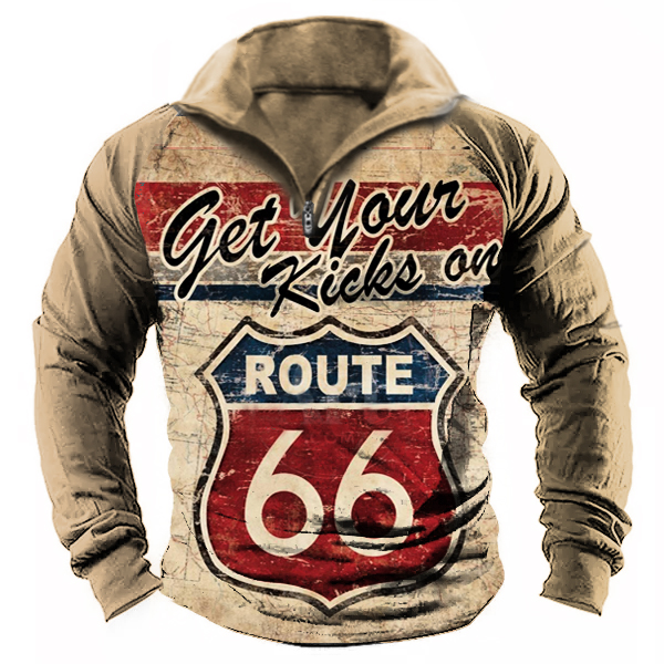 Men's Vintage Route 66 Print Chic Zip Polot Shirt