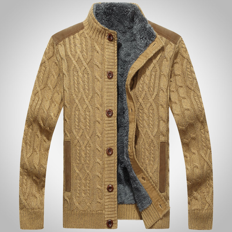 Men's Button Stand Collar Chic Knitted Fleece Cardigan Sweater Jacket