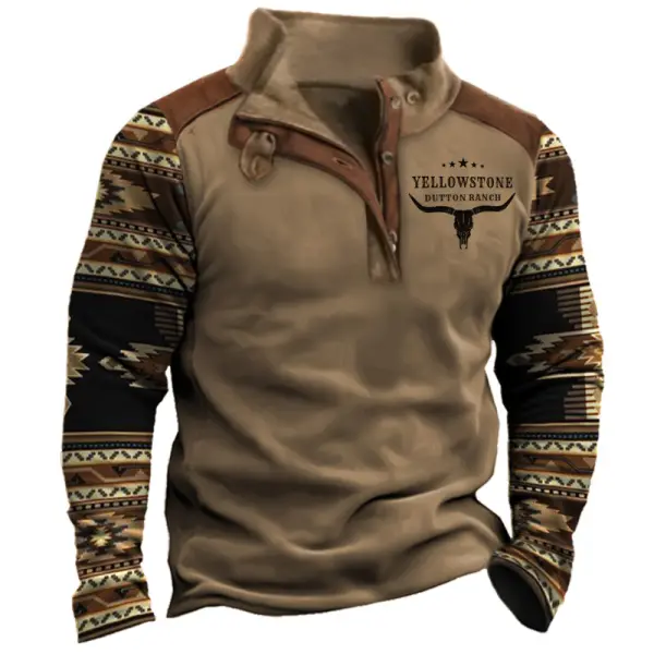 Men's Outdoor Yellowstone Cowboy Ethnic Style Fleece Collar Sweatshirt - Mosaicnew.com 