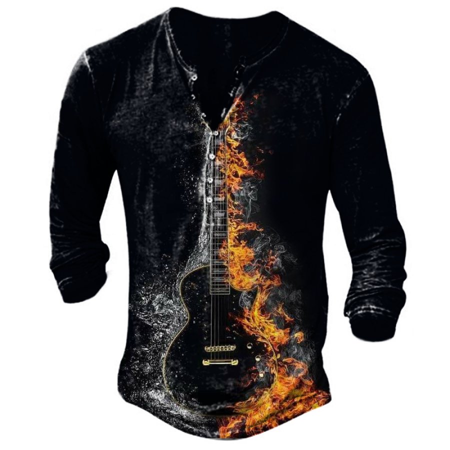 

Men's Vintage Rock And Fire Print Henley Collar T-Shirt