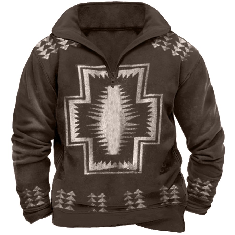 

Men's Vintage Geometric Ethnic Print Zipper Mock Neck Sweatshirt
