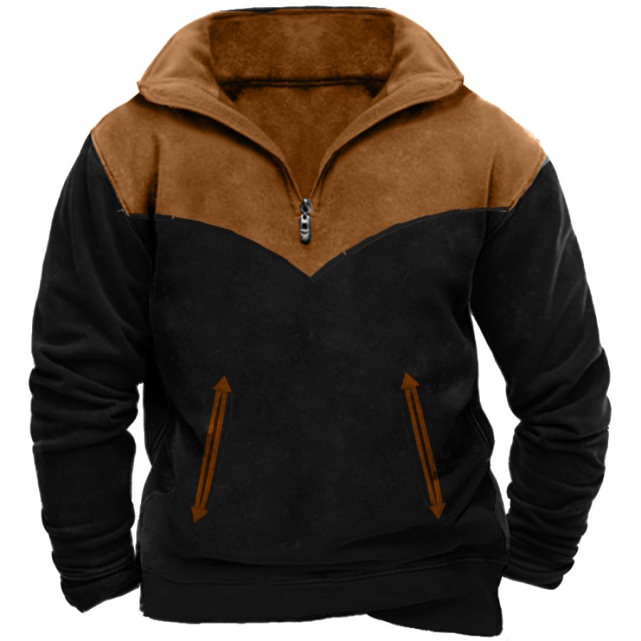 

Men's Vintage Colorblock Zip Pocket Zipper Mock Neck Sweatshirt