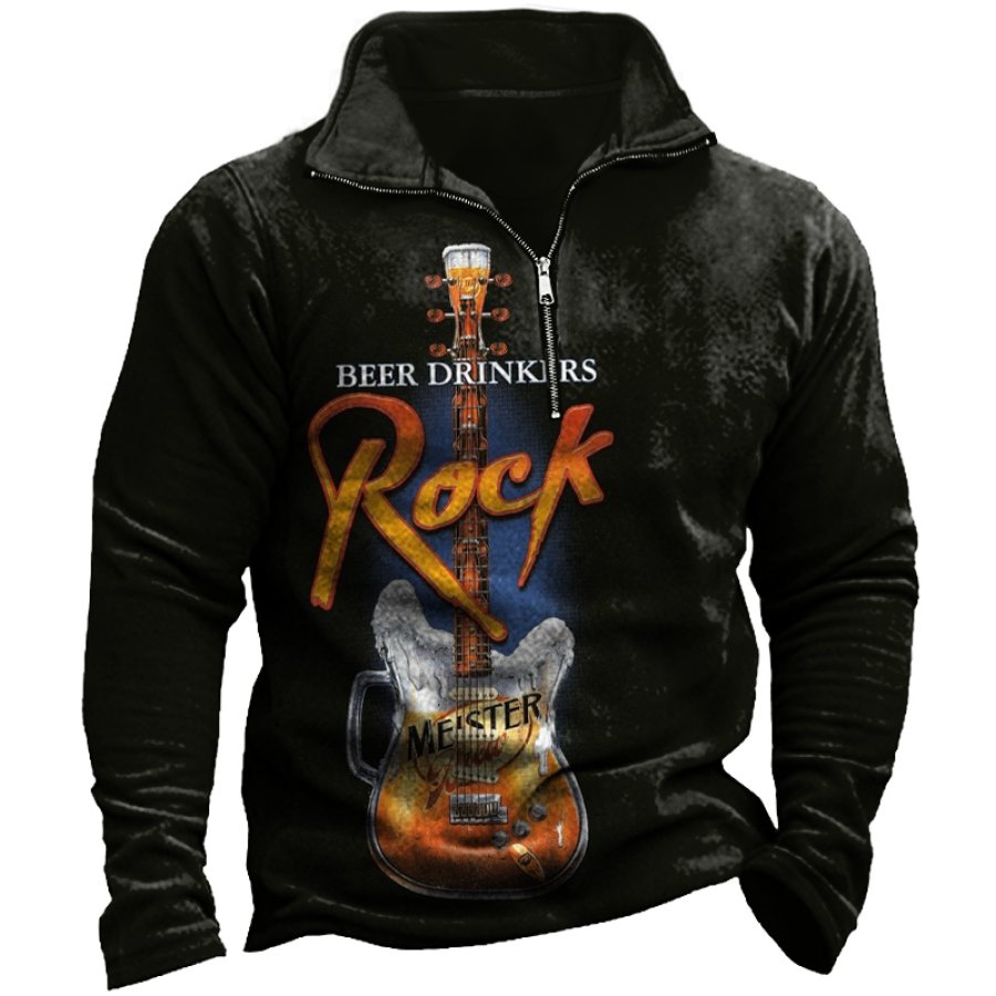 

Men's Retro Fun Rock Beer Print Zipper Mock Neck Sweatshirt