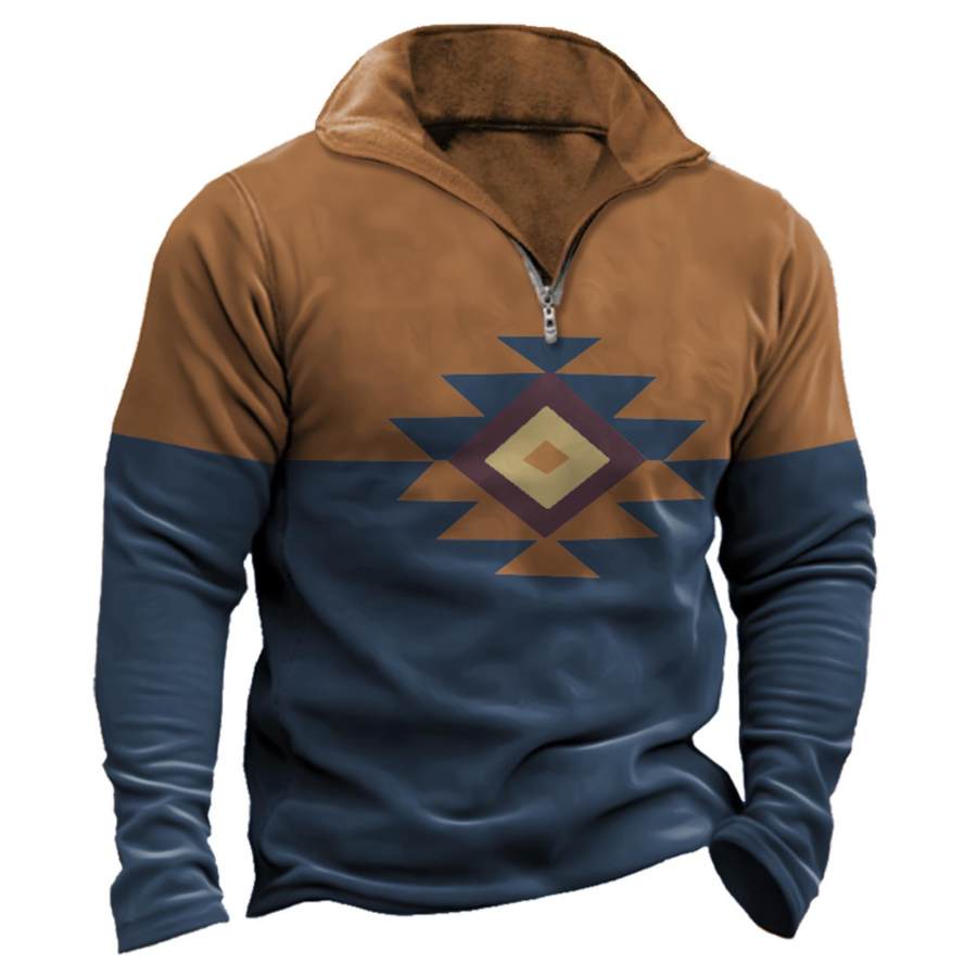 

Men's Vintage Ethnic Print Quarter Zip Sweatshirt
