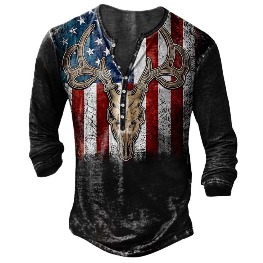 

Men's American Flag Deer Skull Print Henley T-Shirt