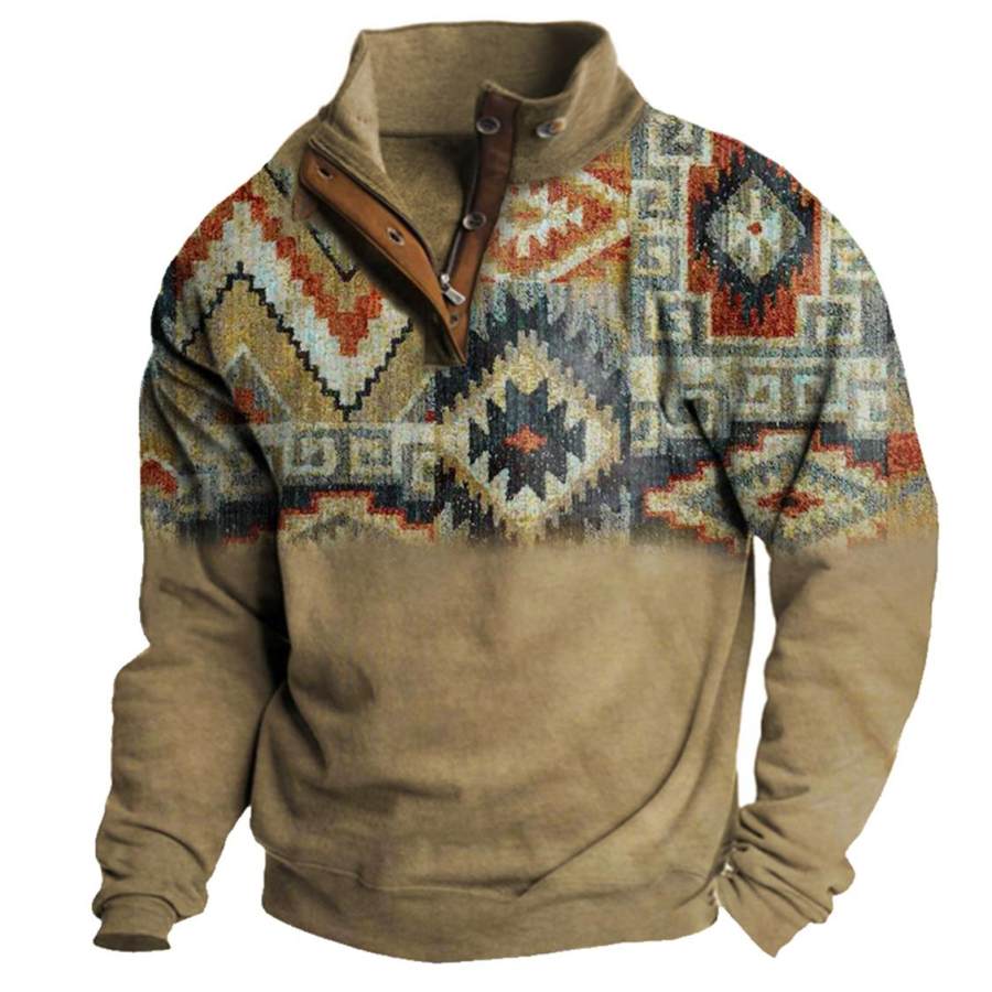 

Men's Vintage Ethnic Print Zip Button Sweatshirt