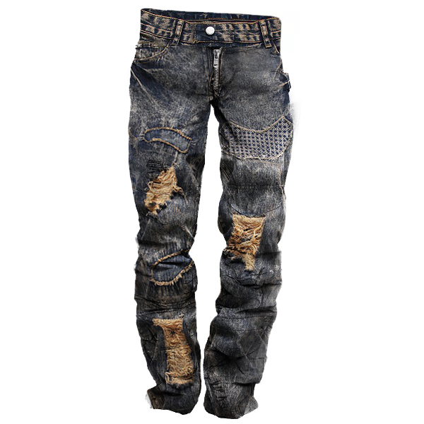 Men's Vintage Distressed Washed Chic Motorcycle Jeans