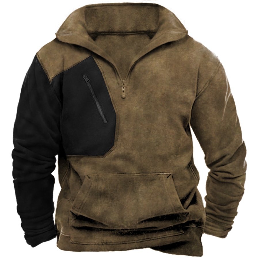

Men's Vintage Colorblock Pocket Zipper Mock Neck Sweatshirt