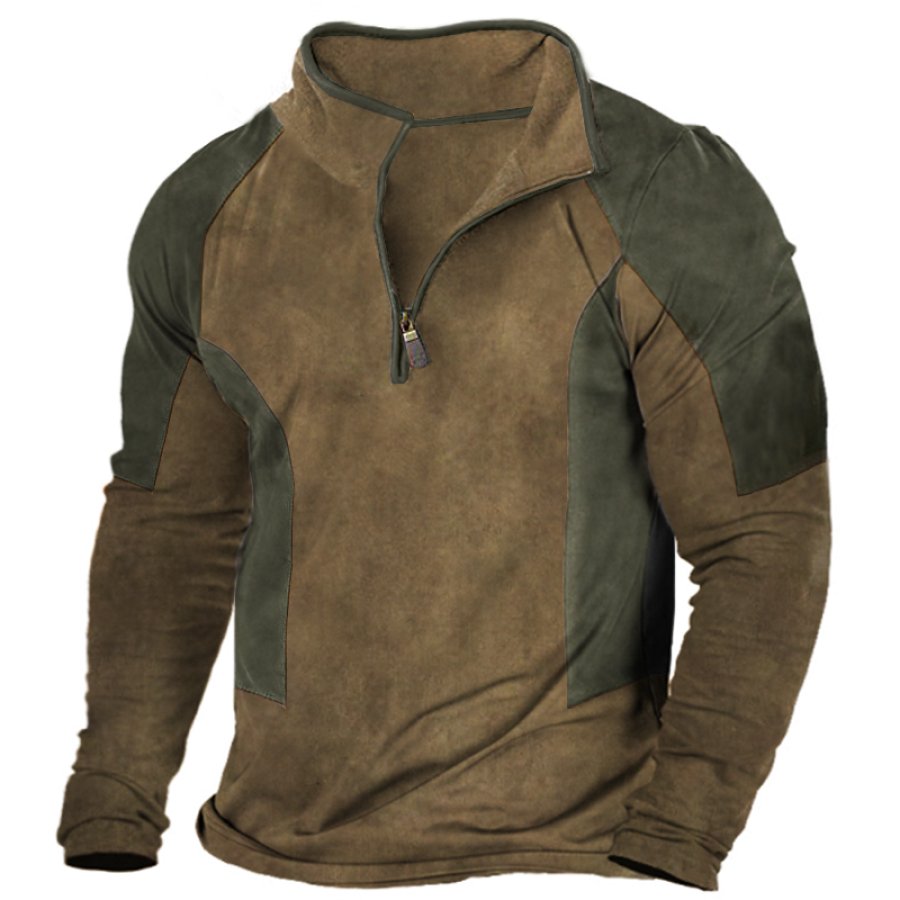

Men's Retro Colorblock Tactical Zipper Mock Neck Long Sleeve T-Shirt