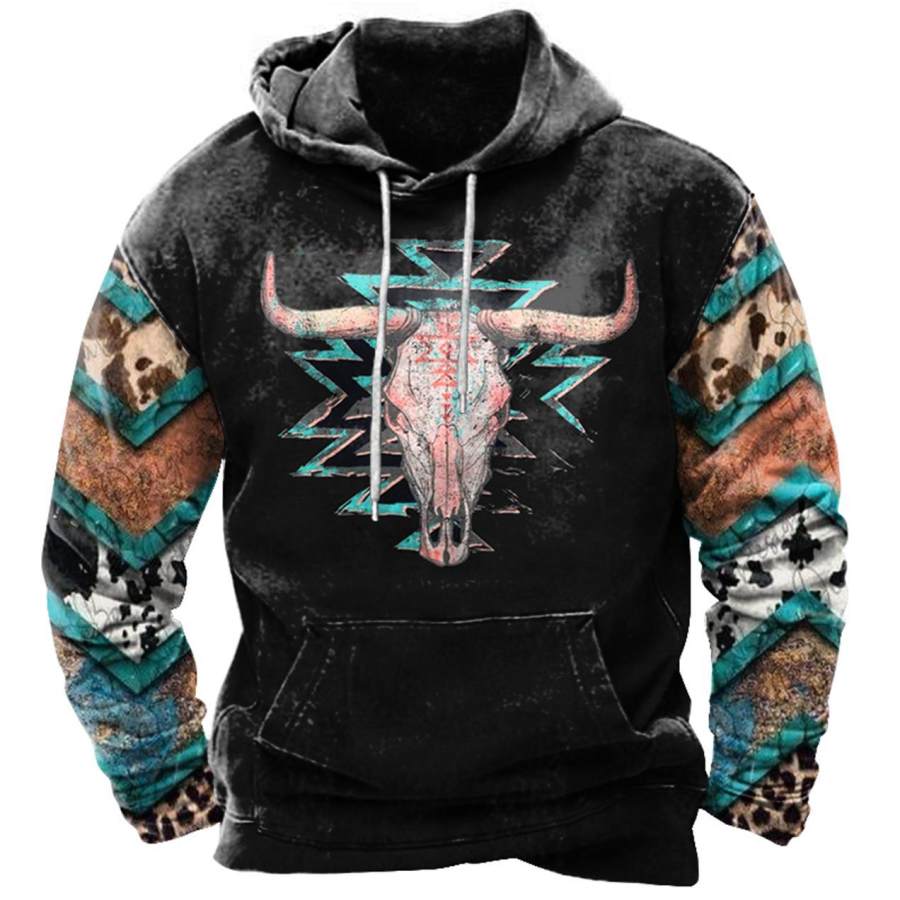 

Men's Vintage Western Cow Skull Print Hoodie