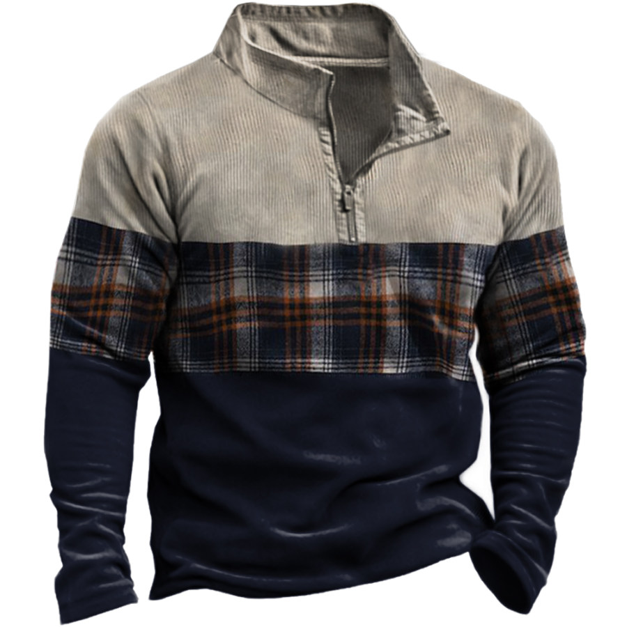 

Men's Vintage Plaid Stitching Corduroy Stand Collar Sweatshirt