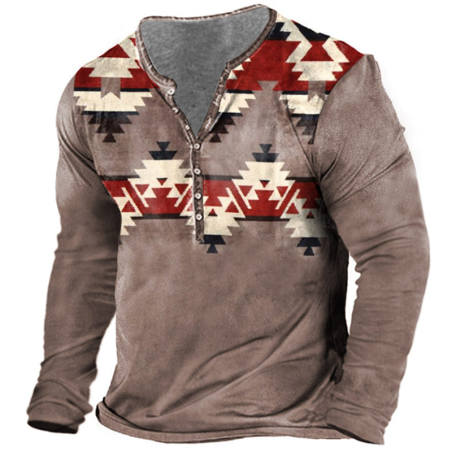 

Men's Vintage Ethnic Geometric Print Henley T-Shirt