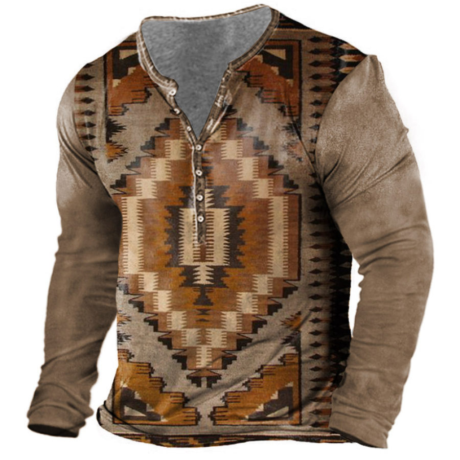 

Men's Vintage Ethnic Geometric Print Henley T-Shirt